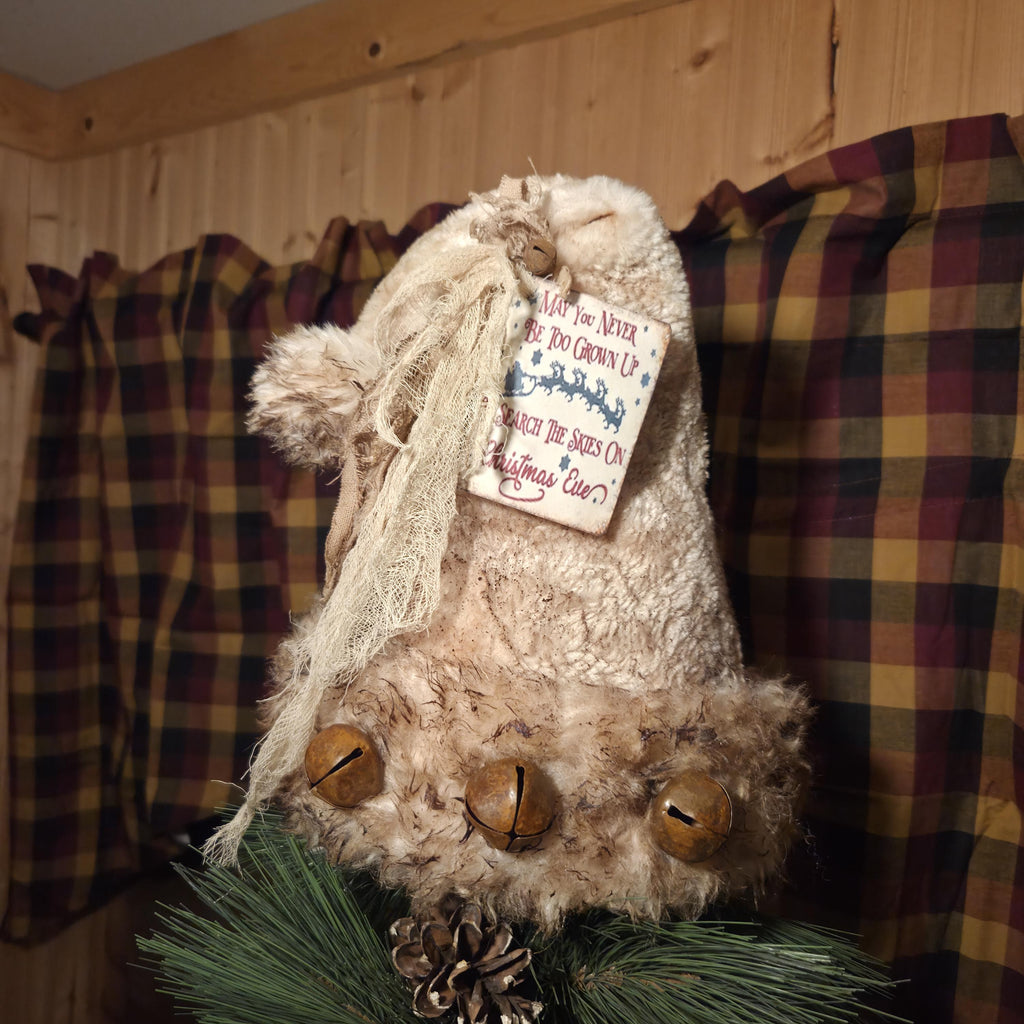 Premium Limited Edition Primitive Rustic Santa Hat Tree Topper | Handcrafted Cream Plush with Rusty Jingle Bells