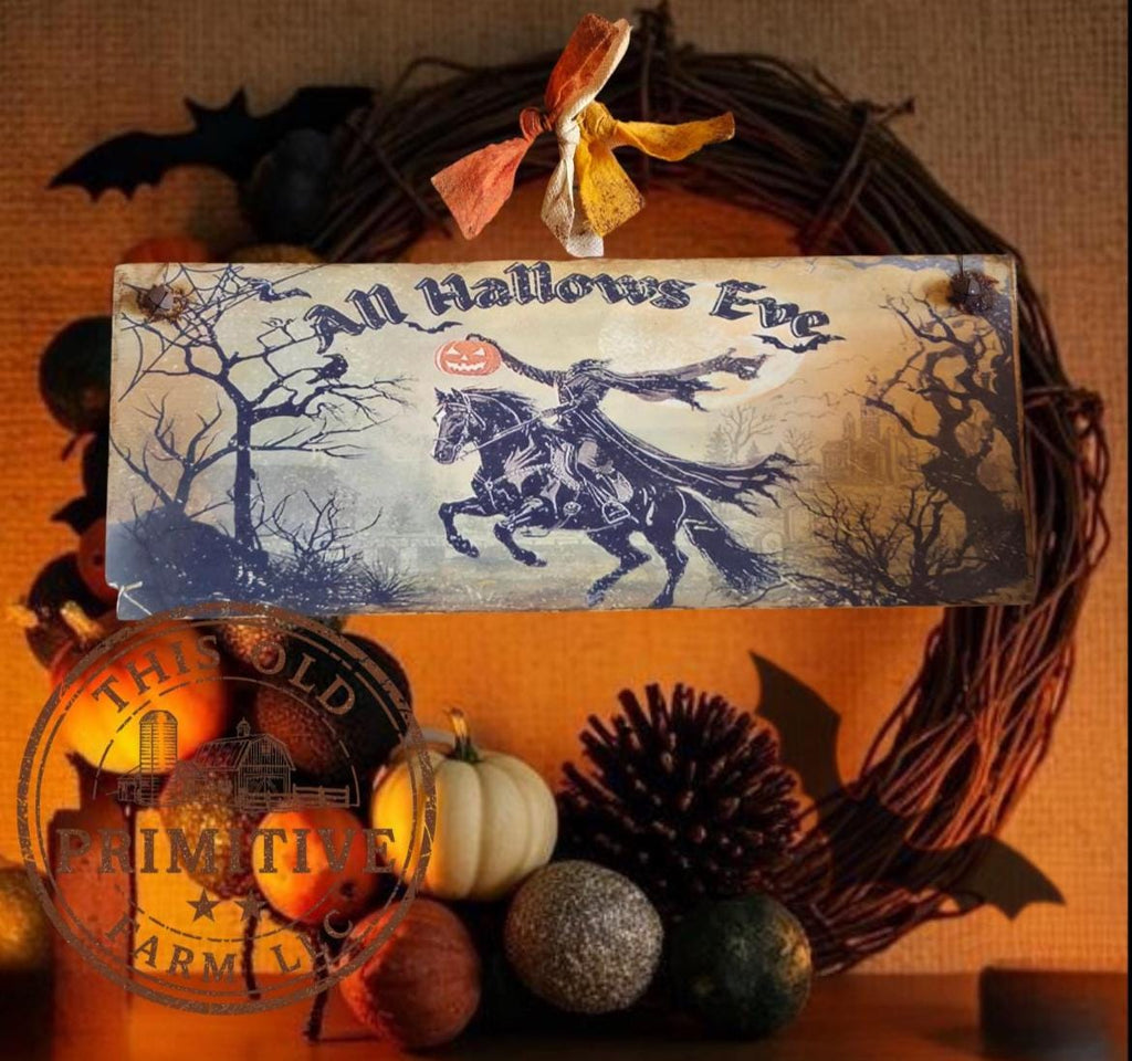 Primitive Halloween All Hallows Eve Sign | Folk Art Wood Decor (13" x 5")