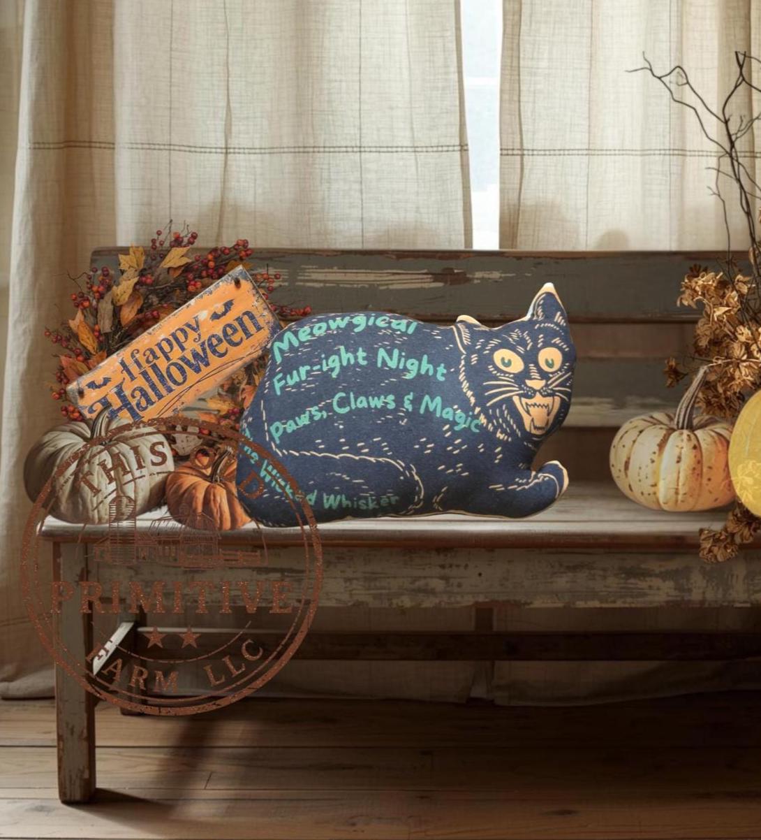 Primitive Halloween Black Cat Pillow | Folk Art Fall Decor, Rustic Farmhouse Accent