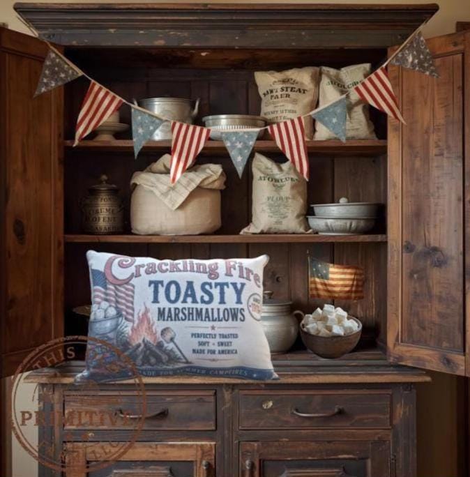 Crackling Fire Toasty Marshmallows Pillow | Vintage Americana Shelf Sitter