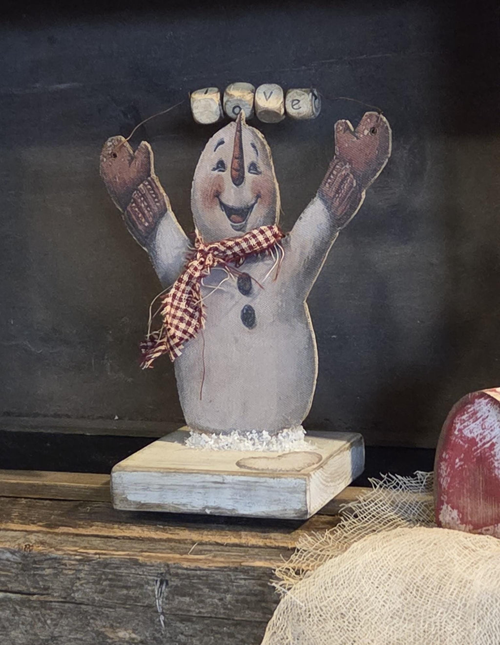 Primitive Valentine Snowman Shelf Sitter | XOXO LOVE Rustic Farmhouse Decor | Handmade Seasonal Accent