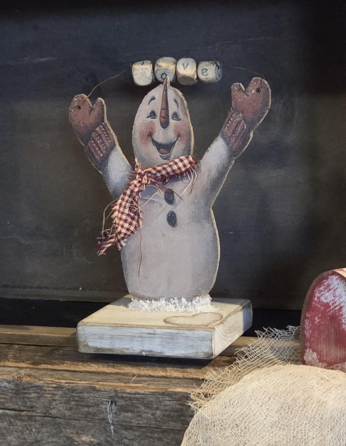 Primitive Valentine Snowman Shelf Sitter | XOXO LOVE Rustic Farmhouse Decor | Handmade Seasonal Accent