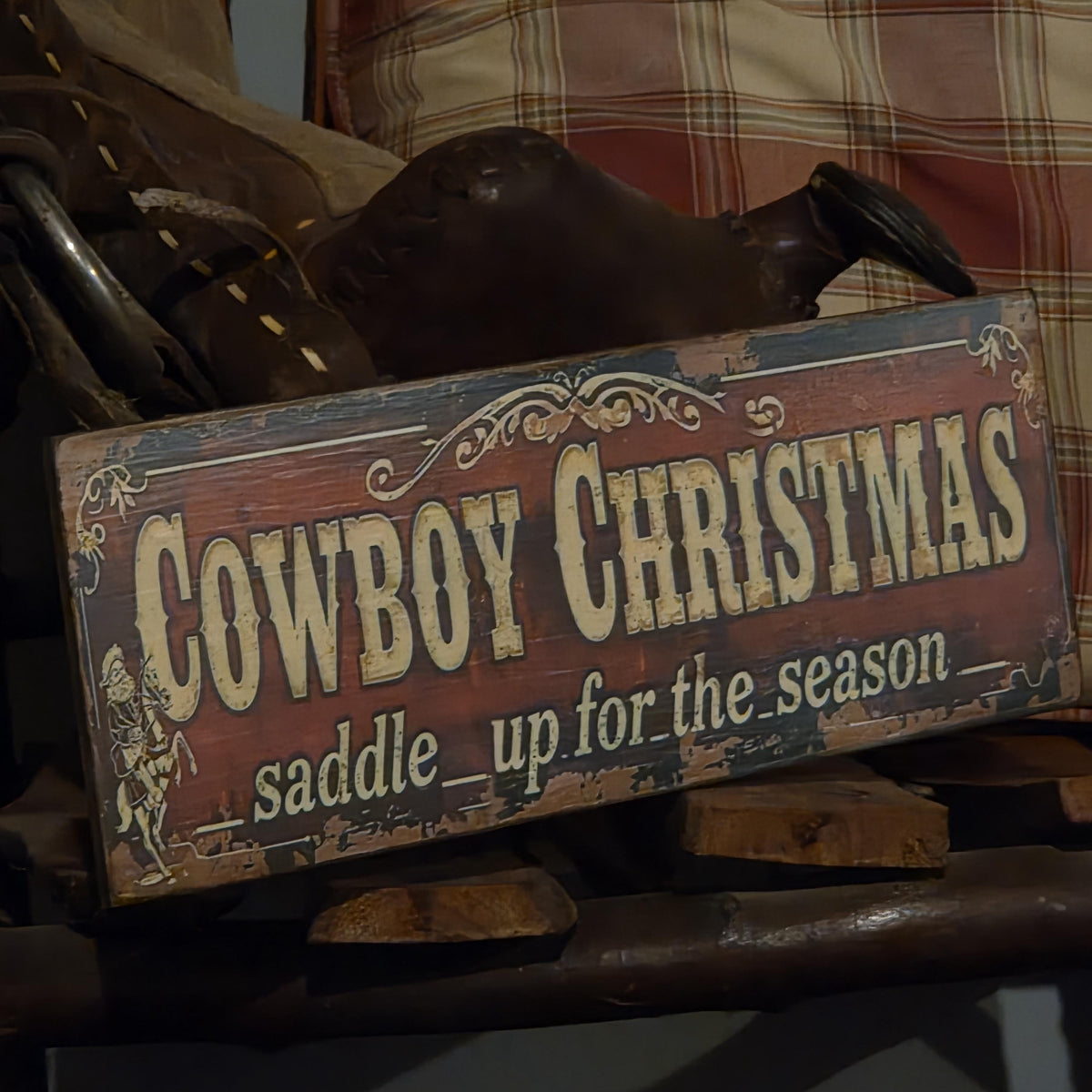 Handmade Cowboy Christmas Wood Sign | Rustic Western Holiday Decor (13x5)