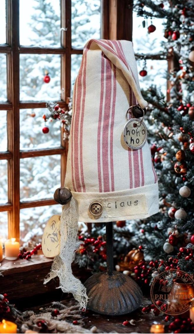 Primitive Farmhouse Christmas Santa Night Cap Stand: Man on Moon, Ho Tag (5x11")