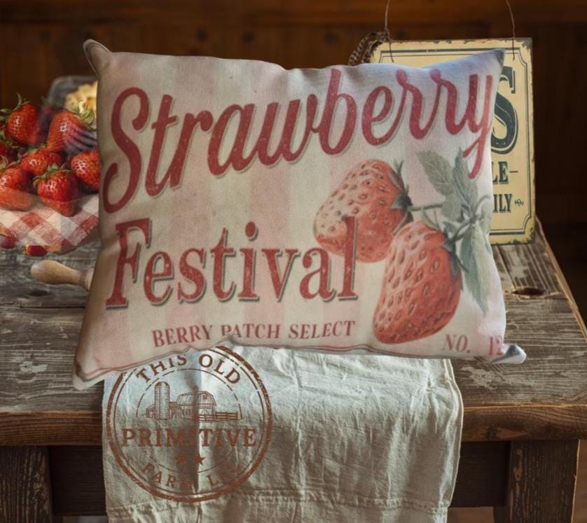 Strawberry Festival Pillow | Primitive Farmhouse Berry Crate Decor (12x9)