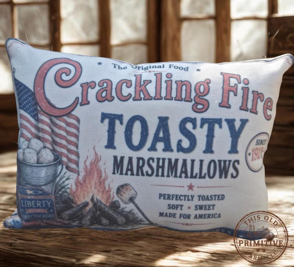 Crackling Fire Toasty Marshmallows Pillow | Vintage Americana Shelf Sitter