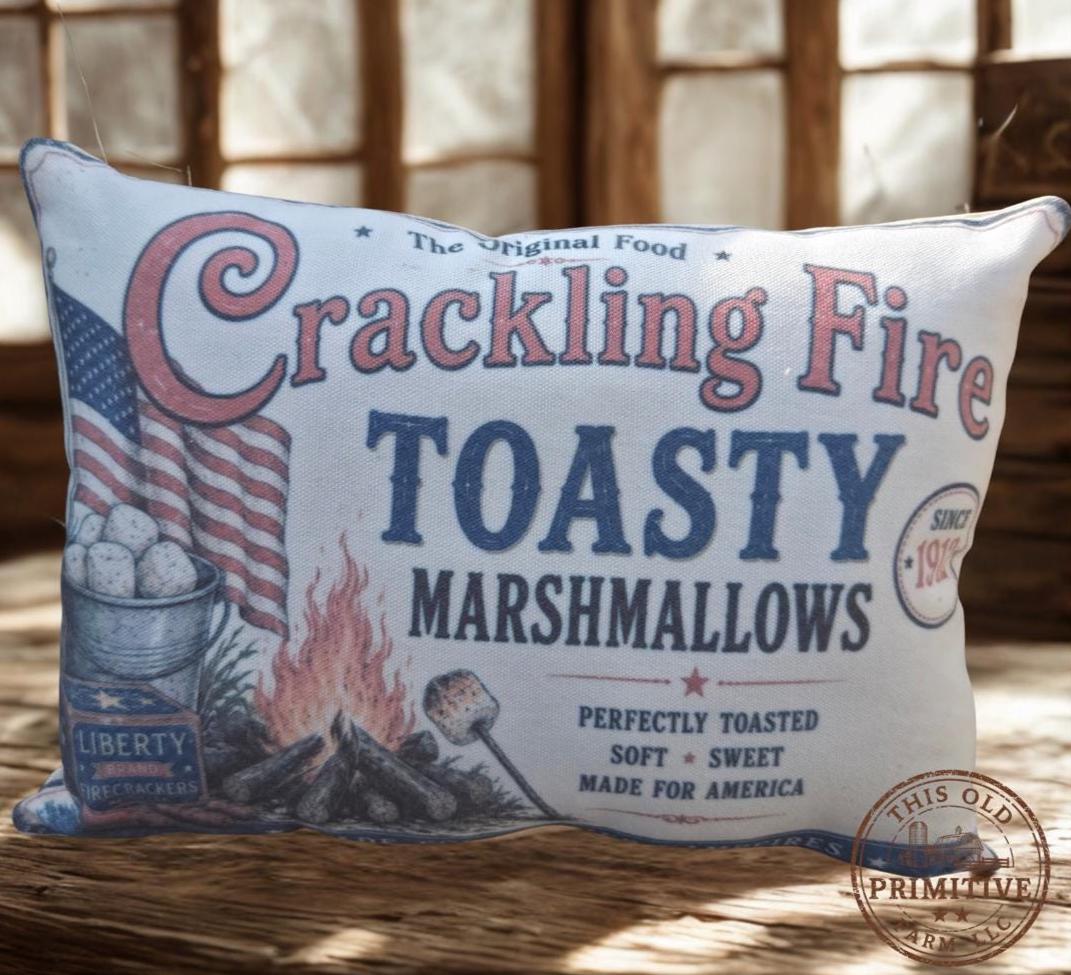 Crackling Fire Toasty Marshmallows Pillow | Vintage Americana Shelf Sitter