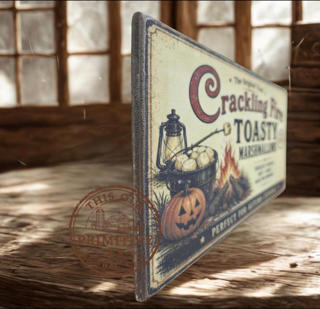 Crackling Fire Toasty Marshmallows Halloween Sign | Primitive Folk Art Wood Decor