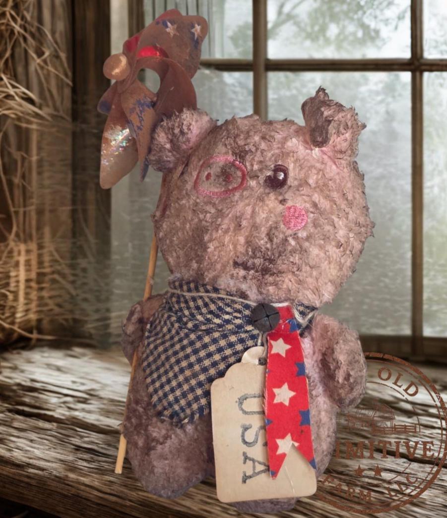 Primitive Farmhouse Pig Shelf Sitter | Patriotic 4th of July Parade Decor