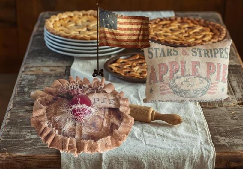 Primitive Apple Pie and Tuck Pillow | Americana Farmhouse Decor | Rustic Patriotic Kitchen Decor | Faux mini apple Pie | Stars and Stripes
