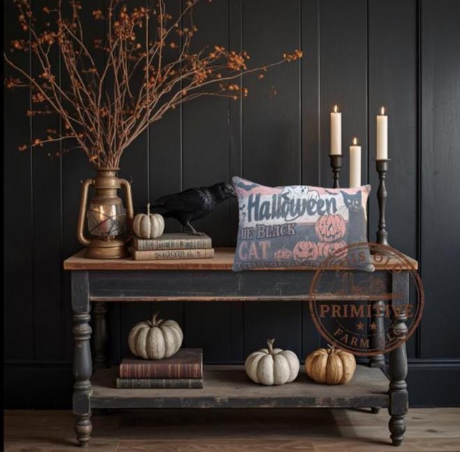 Vintage Black Cat Halloween Pillow | Primitive Farmhouse Rustic Shelf Sitter