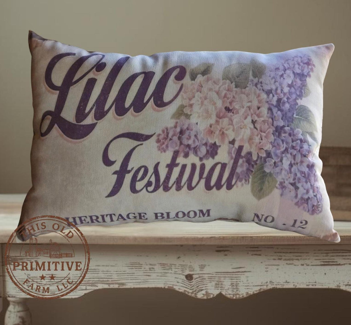 Lilac Festival Pillow | Primitive Feedsack Style Farmhouse Decor (12x17)