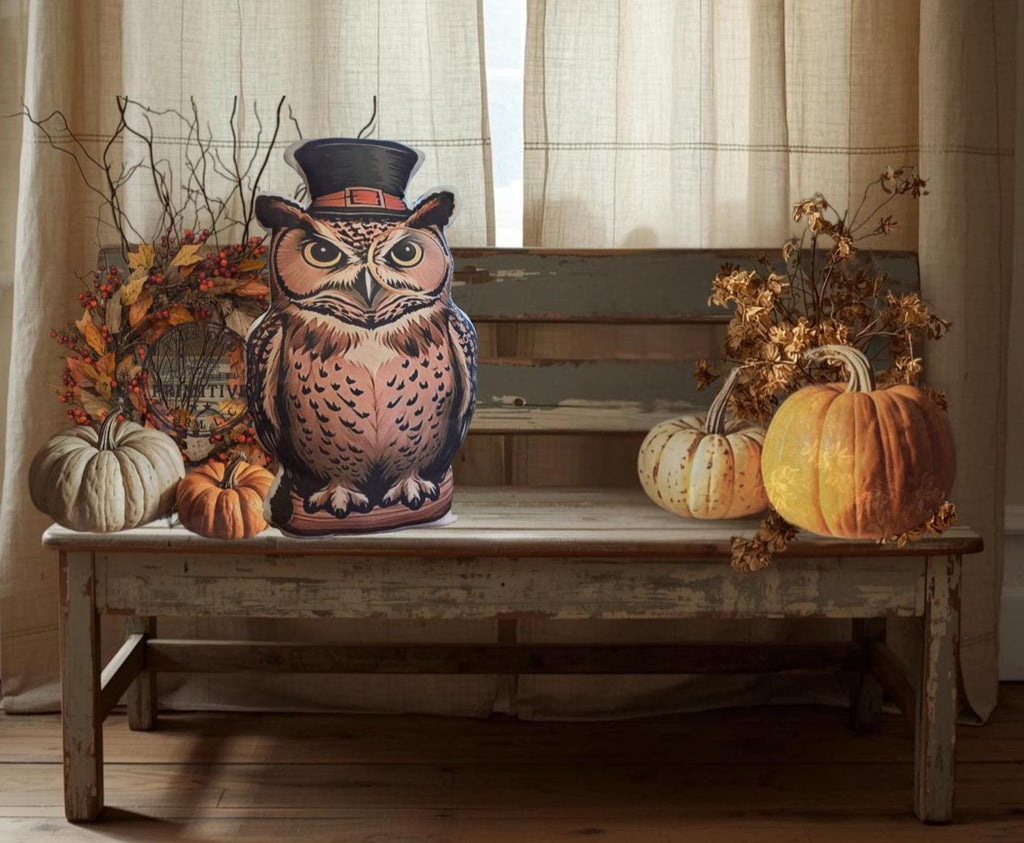 Primitive Folk Art Owl Pillow | Halloween Fall Decor (11x18)