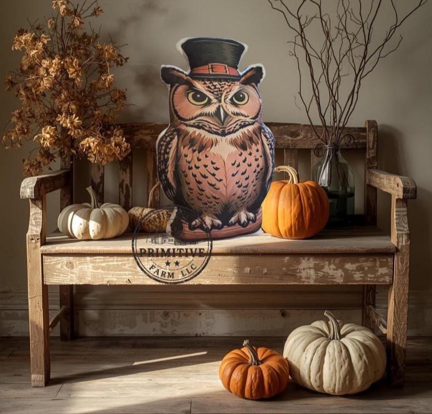 Primitive Folk Art Owl Pillow | Halloween Fall Decor (11x18)
