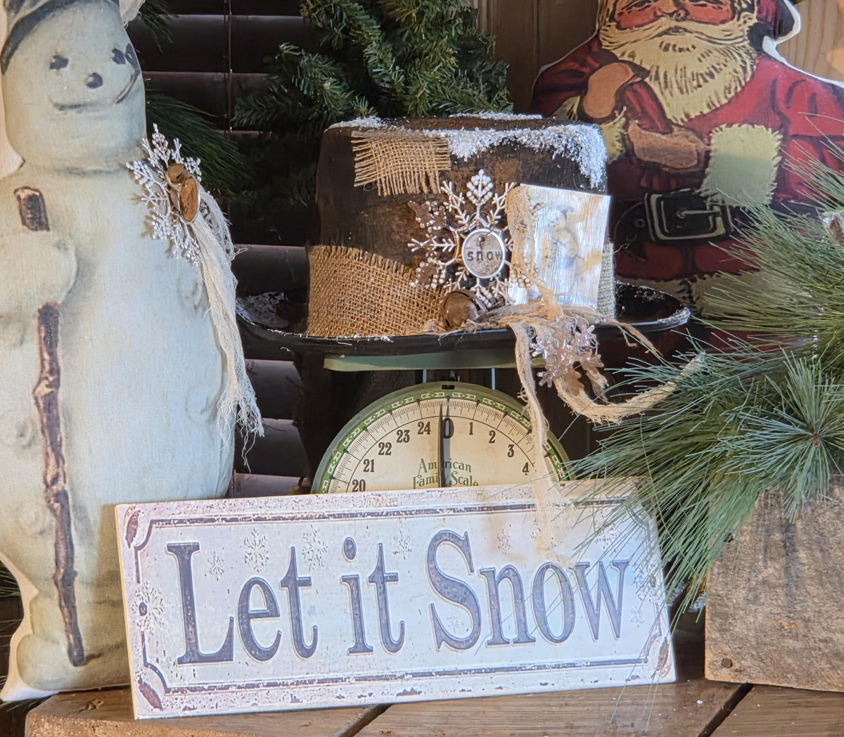 Primitive Rustic Snowman Hat Christmas Tree Topper: Farmhouse Decor, Jingle Bells, Cinnamon Tag