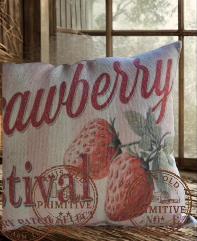 Strawberry Festival Pillow | Primitive Farmhouse Berry Crate Decor (12x9)