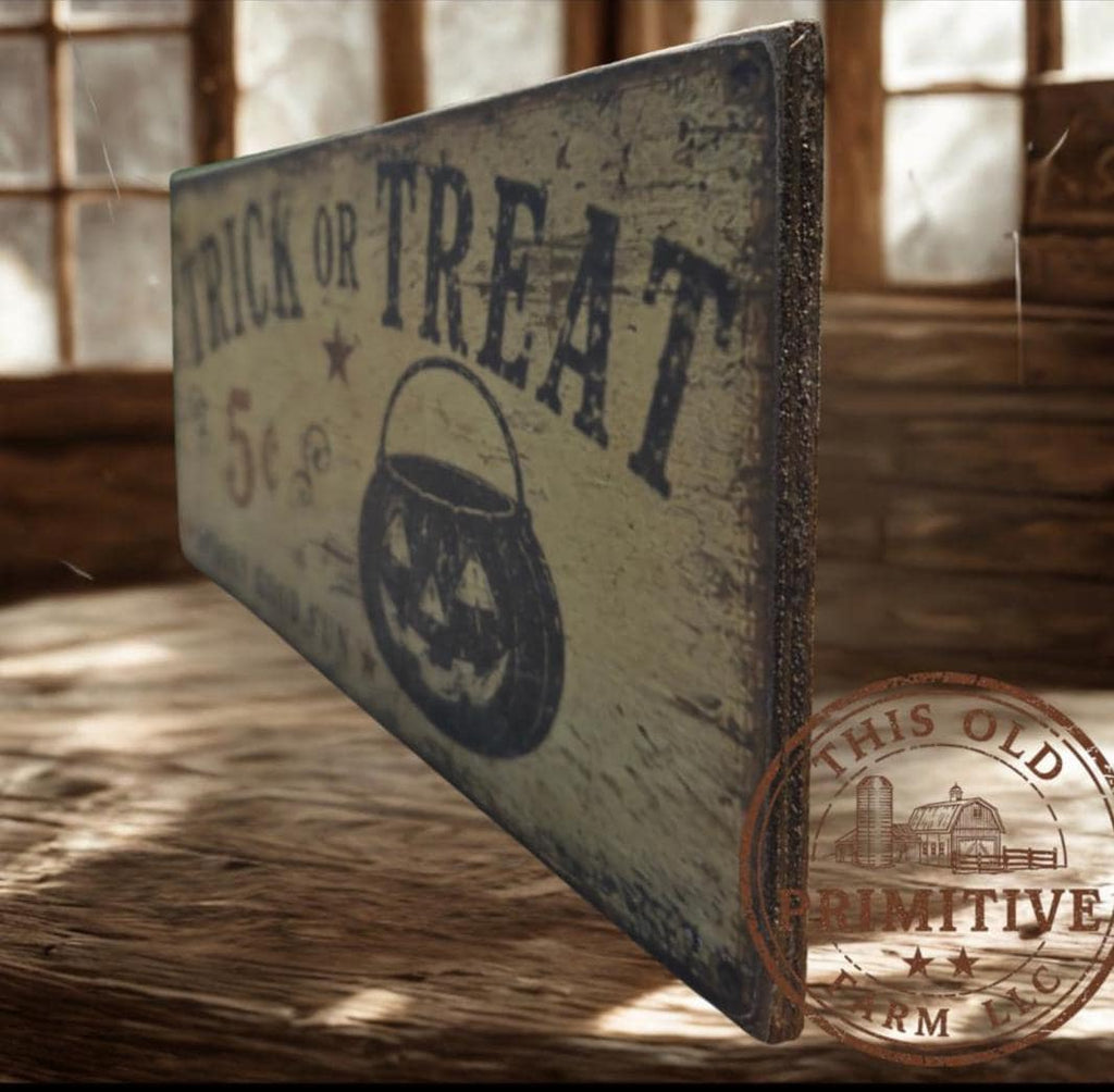 Primitive Halloween Trick or Treat Sign | Rustic Folk Art Wood Decor (13" x 5")