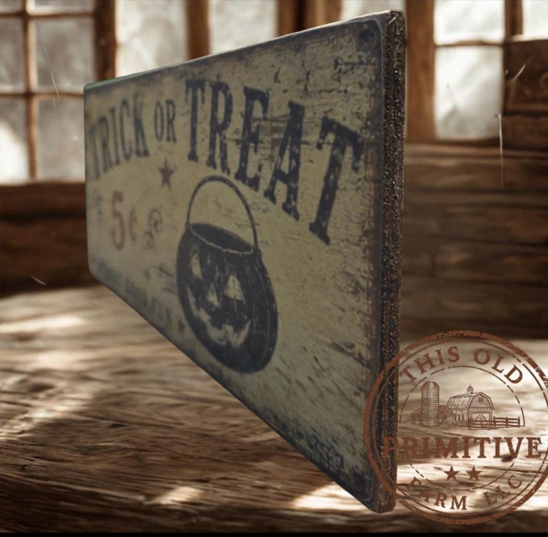 Primitive Halloween Trick or Treat Sign | Rustic Folk Art Wood Decor (13" x 5")