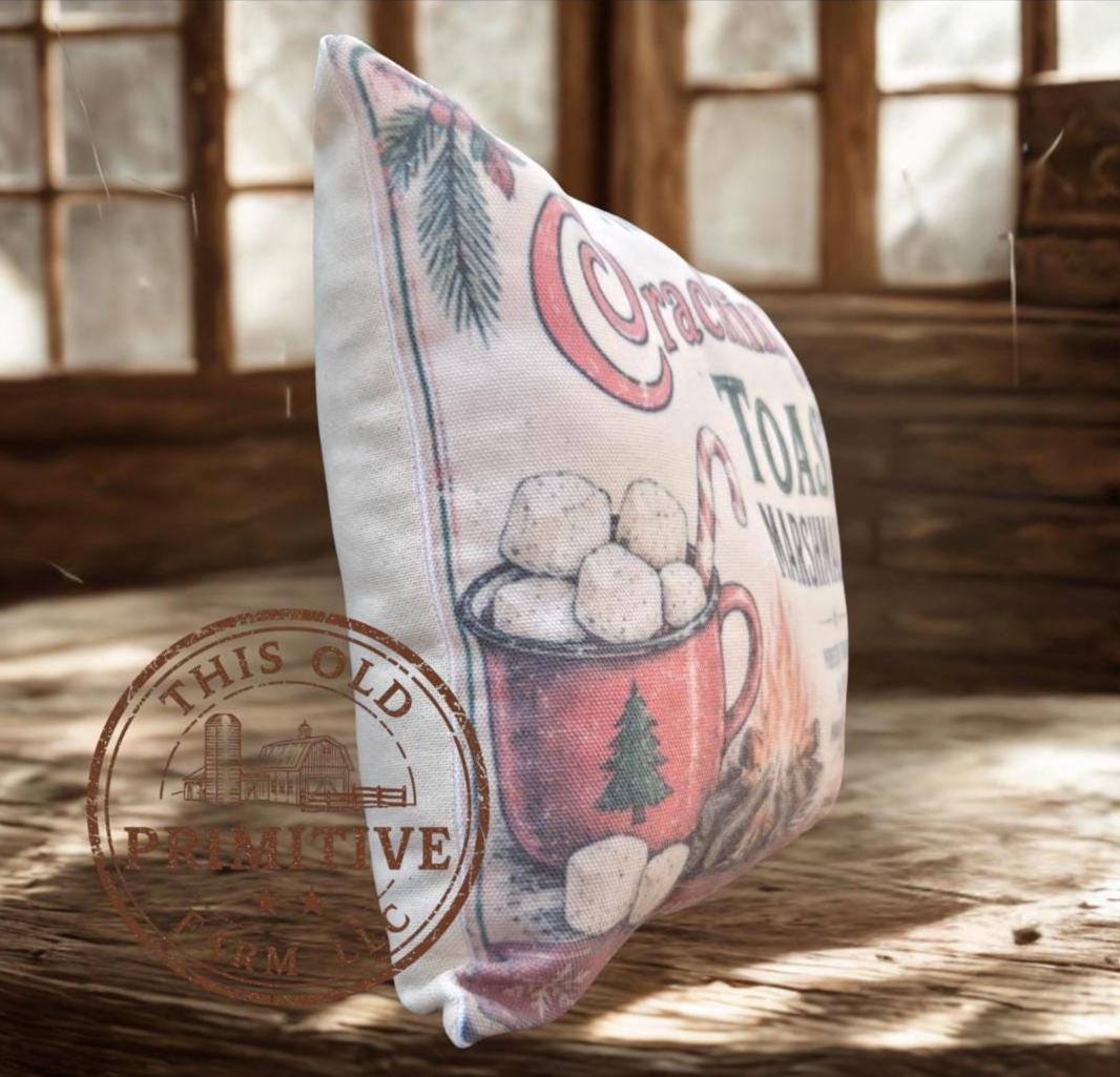 Crackling Fire Toasty Marshmallows Pillow | Vintage Christmas Farmhouse Accent (12x9 inches)