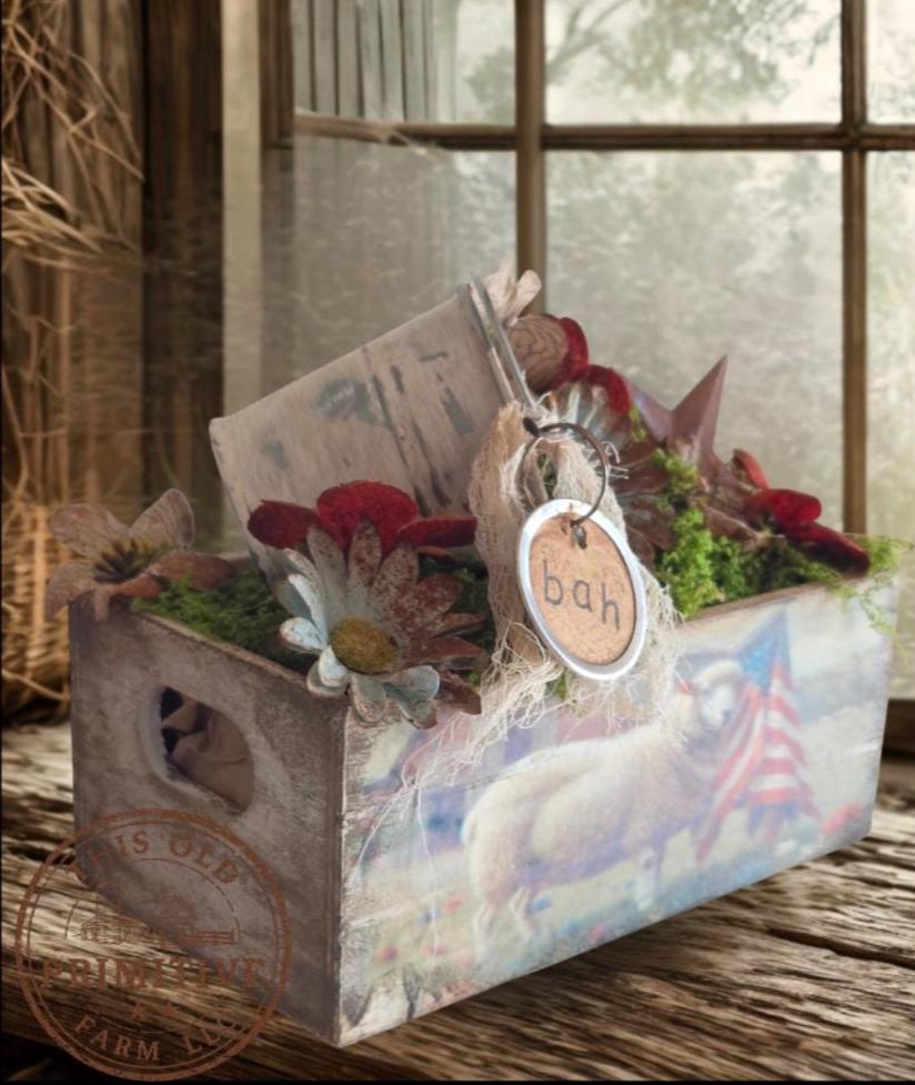 Primitive Americana Sheep Crate: Patriotic Farmhouse Shelf Decor