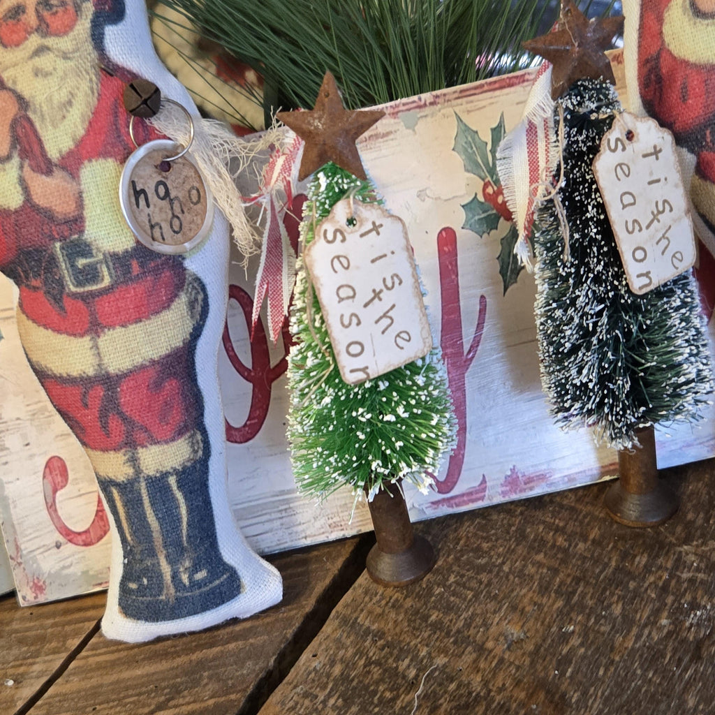 Primitive Santa Christmas Decor | Rustic Farmhouse Santa Gift | Bottle Brush Tree with Rusty Star on Wooden Spool | Nostalgic Holiday Shelf