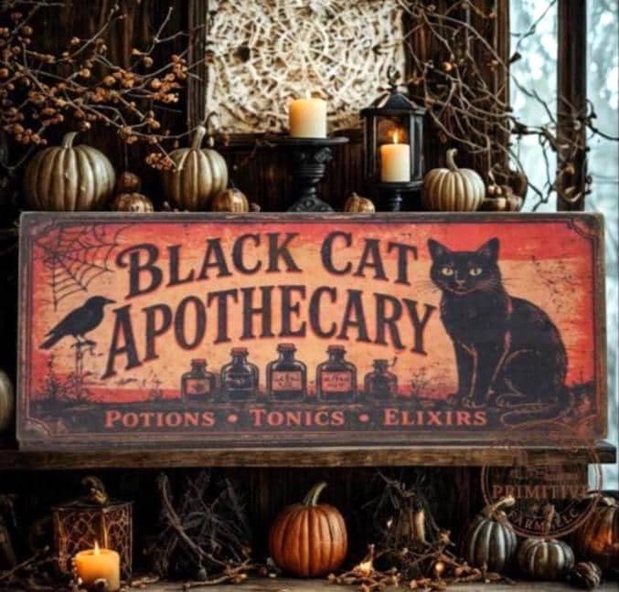 Primitive Black Cat Apothecary Sign | Vintage Halloween Folk Art Wood Decor (13" x 5")