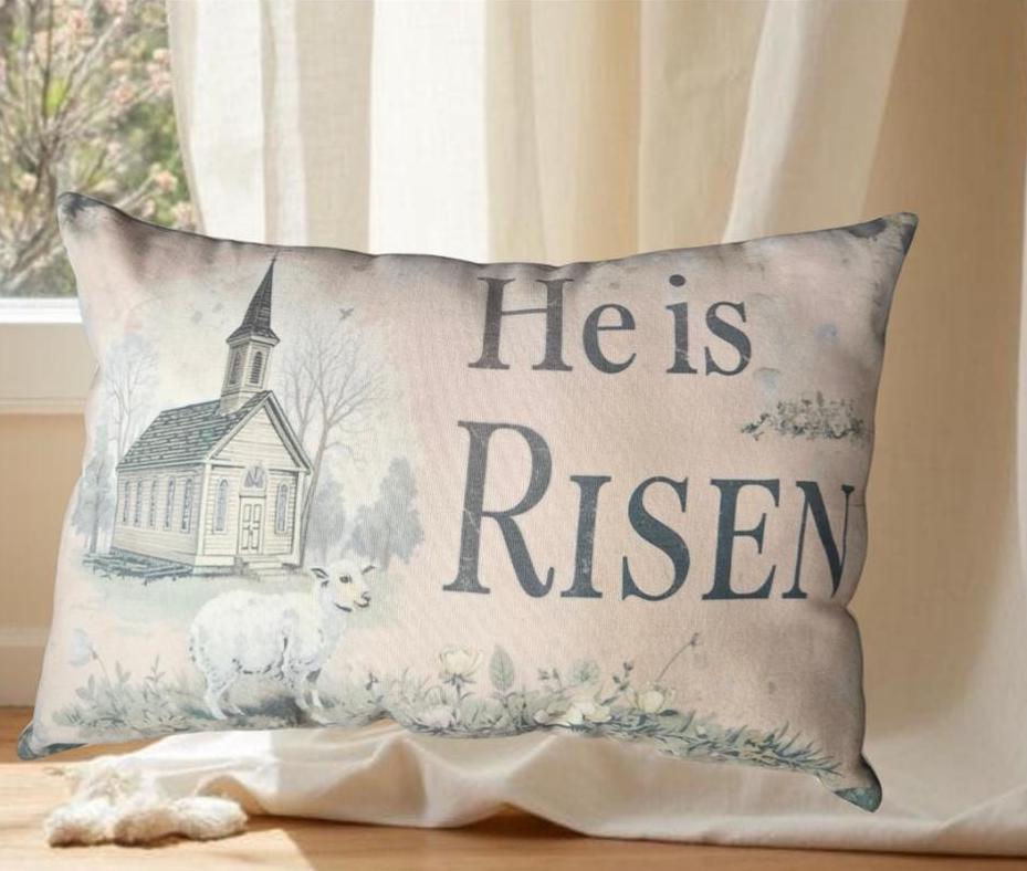 Primitive He Is Risen Throw Pillow – Rustic Easter Church Decor – Farmhouse Spring Accent – 12x17