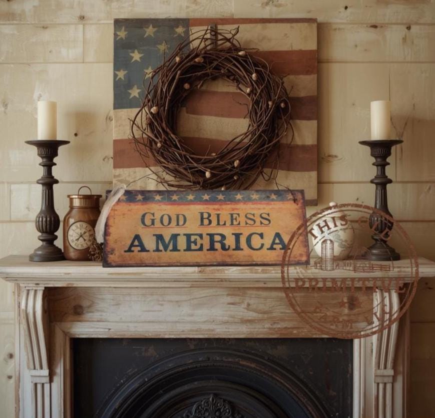 Primitive God Bless America Sign – Rustic Farmhouse Americana Decor – Folk Art Patriotic Sign