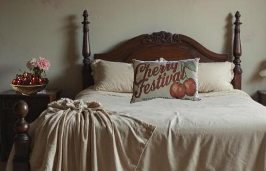 Cherry Festival Pillow | Primitive Farmhouse Feedsack Decor (12x17)