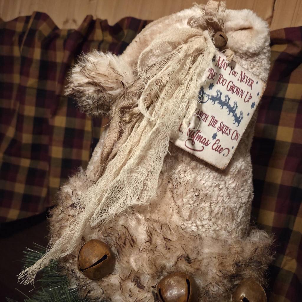 Premium Limited Edition Primitive Rustic Santa Hat Tree Topper | Handcrafted Cream Plush with Rusty Jingle Bells