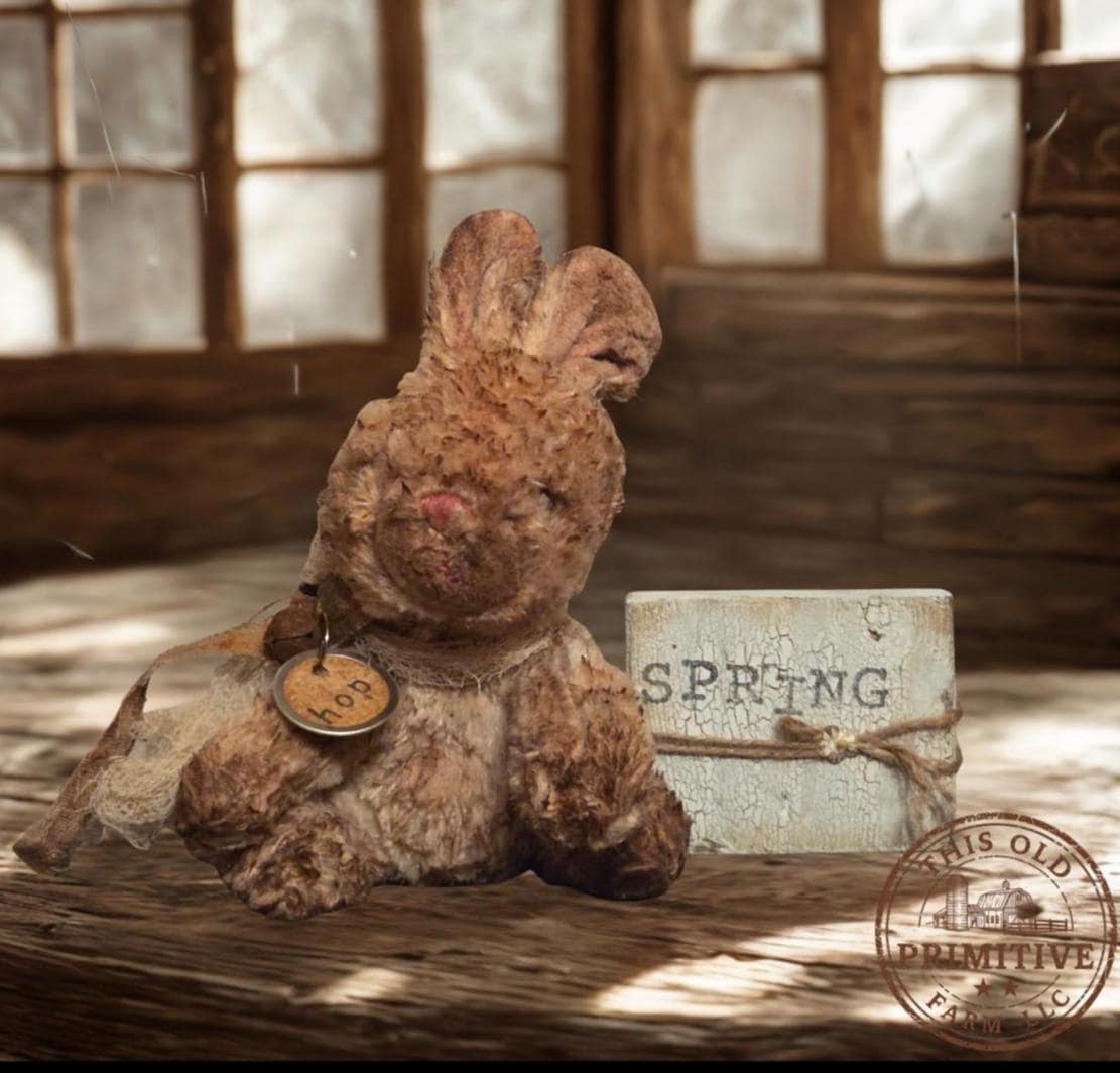 Primitive Grunged Bunny Shelf Sitter – Handmade Spring Bunny Decor – Rustic Farmhouse Easter Bunny with Wood Block Sign