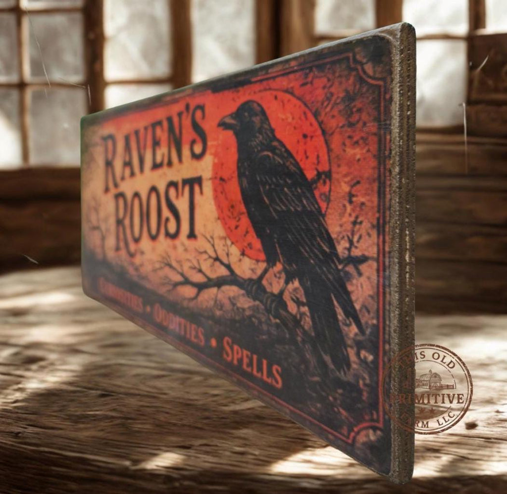 Primitive Ravens Roost Halloween Wood Sign | Rustic Folk Art Wall Decor (13 x 5)