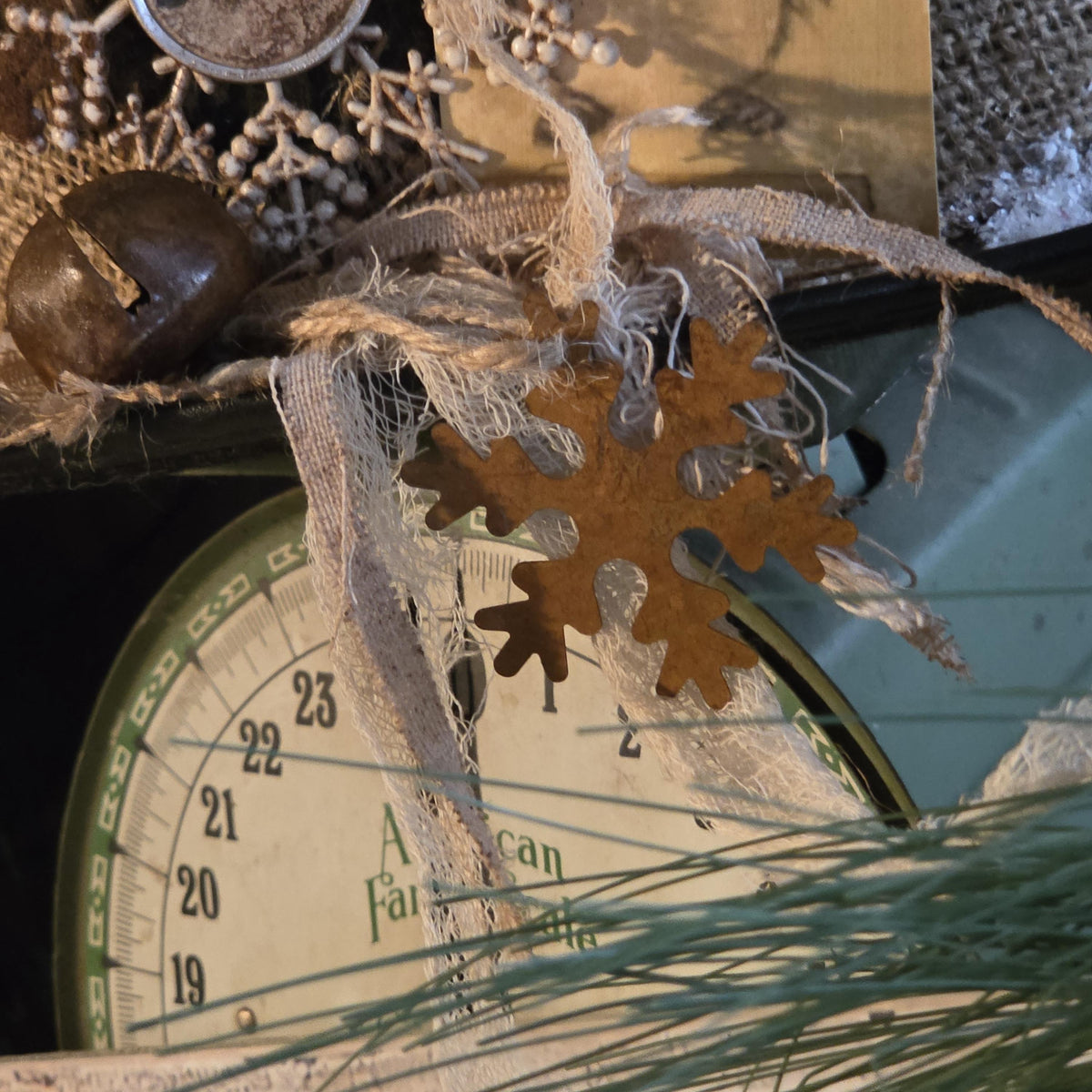Primitive Rustic Snowman Hat Christmas Tree Topper: Farmhouse Decor, Jingle Bells, Cinnamon Tag