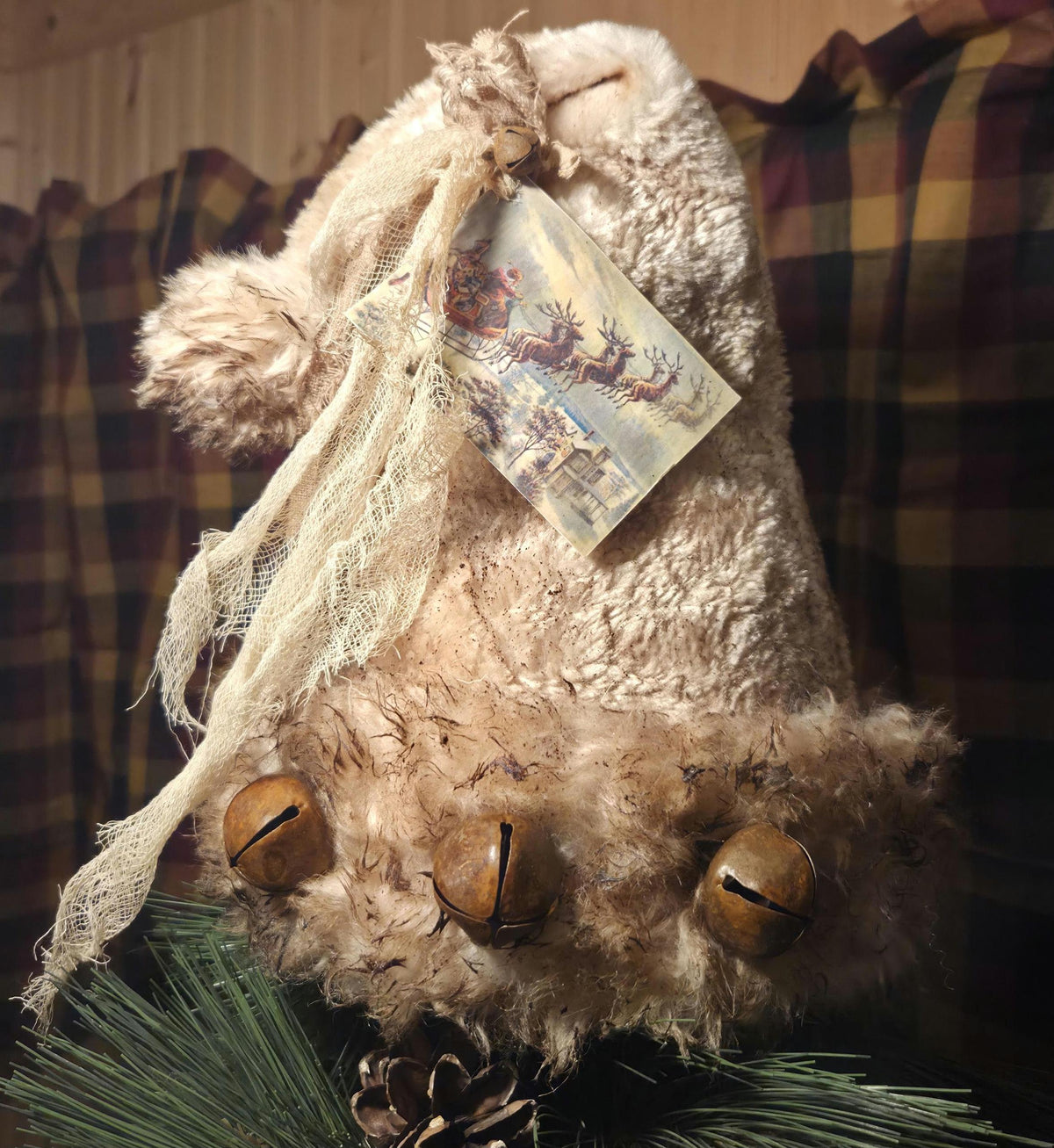Premium Limited Edition Primitive Rustic Santa Hat Tree Topper | Handcrafted Cream Plush with Rusty Jingle Bells