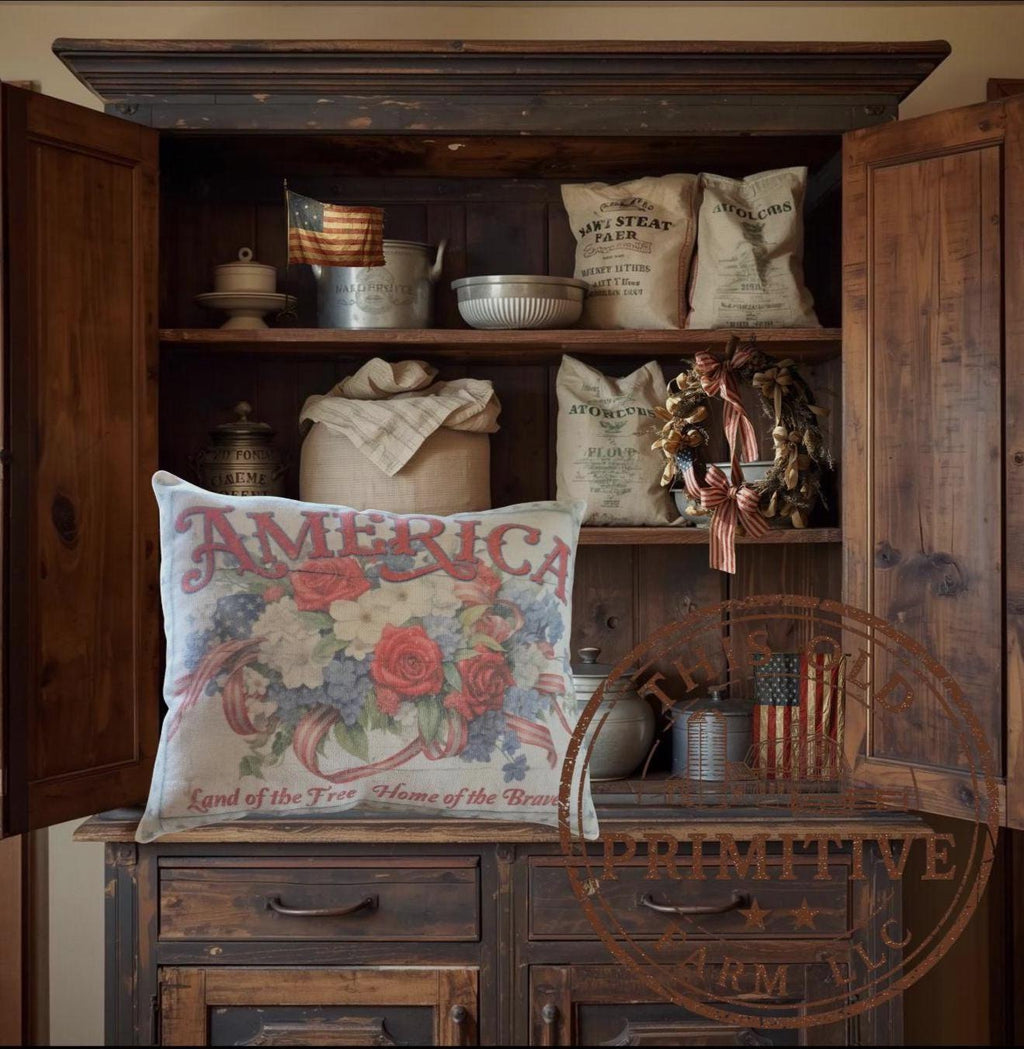Primitive America Floral Pillow | Patriotic Farmhouse Decor, Folk Art Accent
