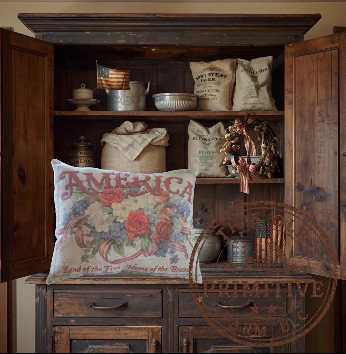Primitive America Floral Pillow | Patriotic Farmhouse Decor, Folk Art Accent