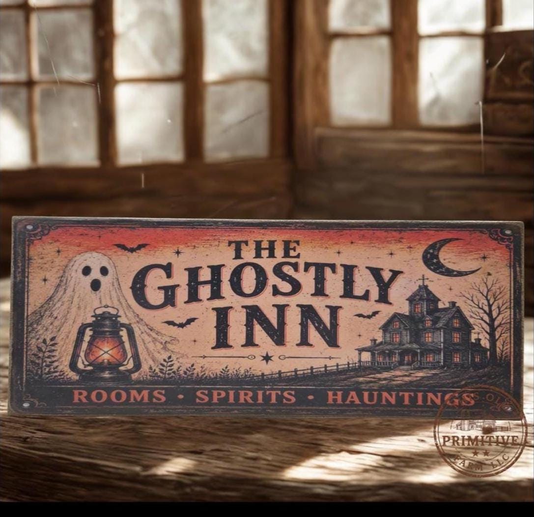 Primitive Halloween Ghostly Inn Sign | Rustic Folk Art Wood Decor (13 x 5)