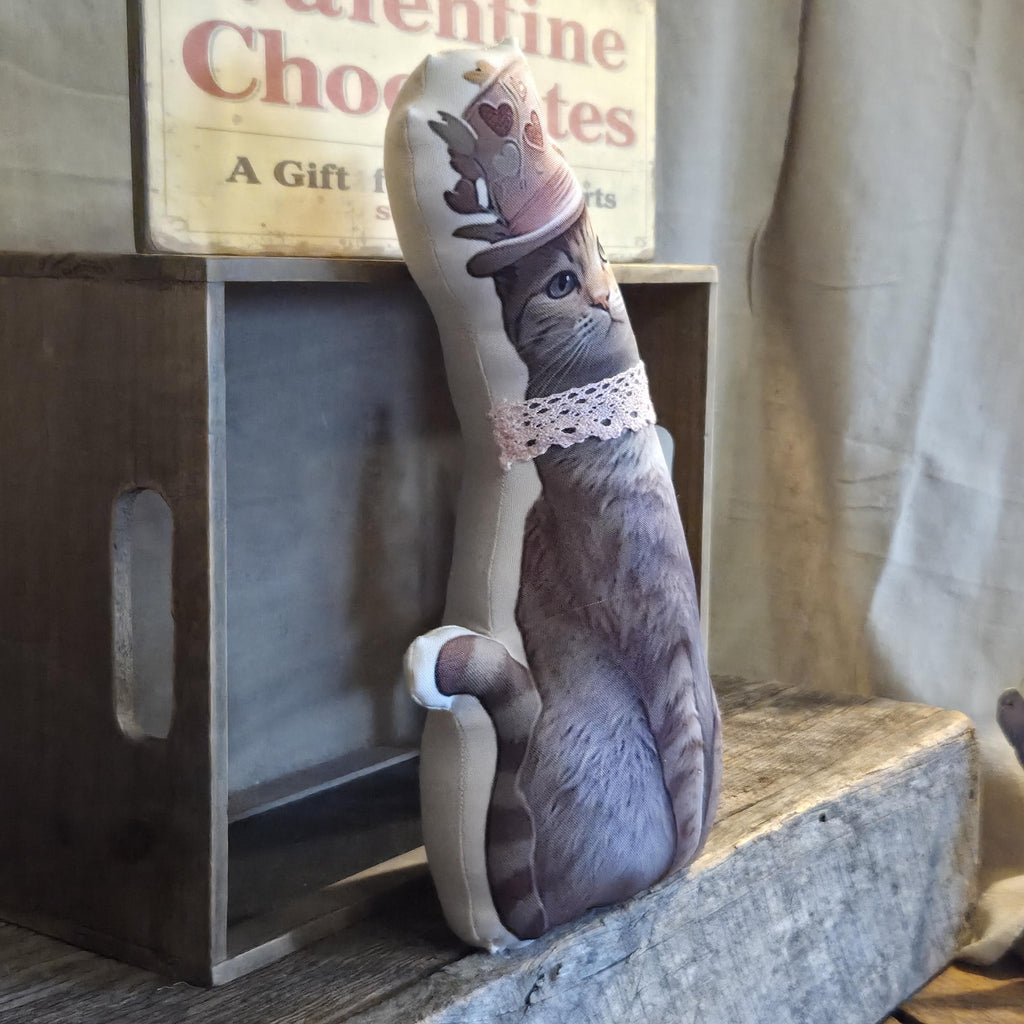 Valentine Cat Decor Shelf Sitter | Handmade Fabric Cat Statue | Primitive Farmhouse Valentine Decor