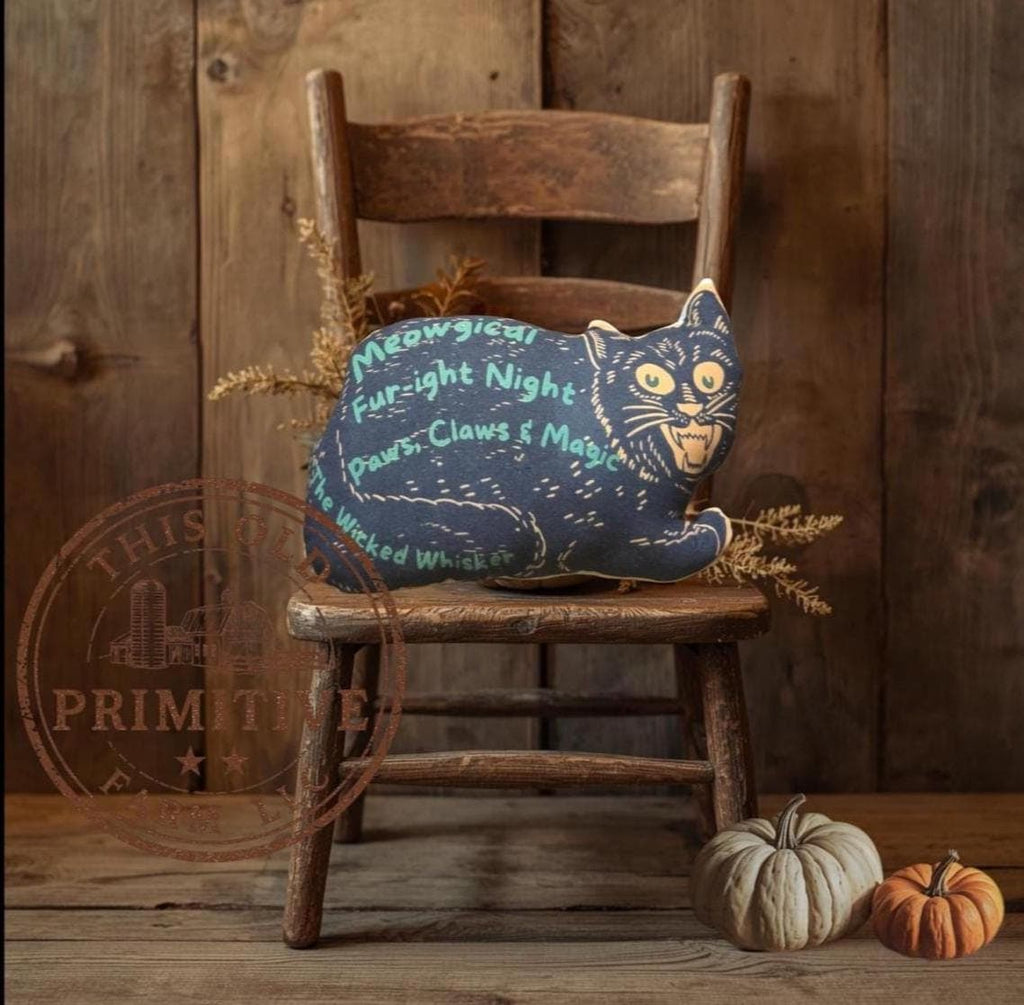 Primitive Halloween Black Cat Pillow | Folk Art Fall Decor, Rustic Farmhouse Accent