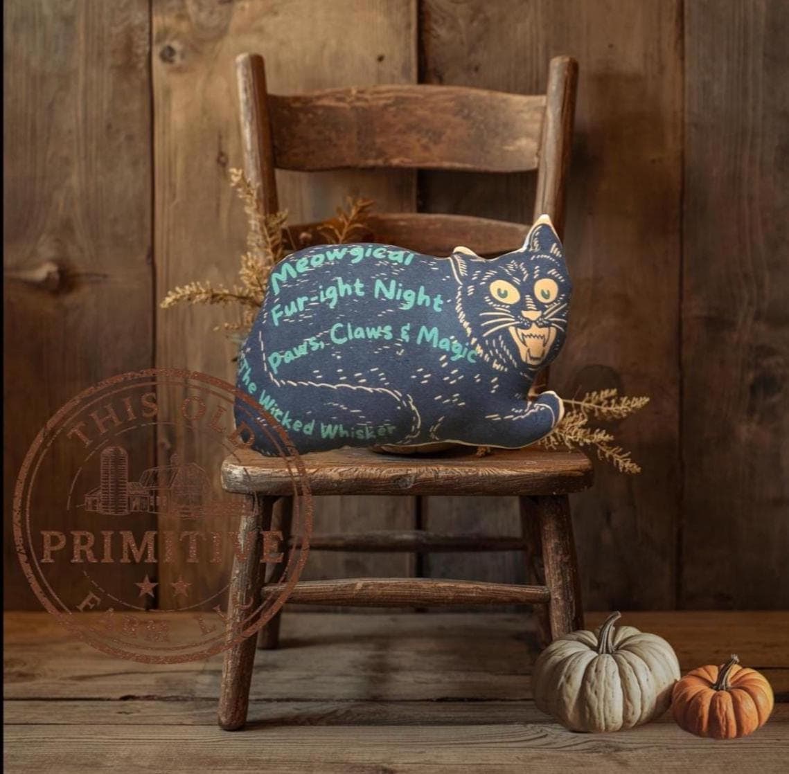 Primitive Halloween Black Cat Pillow | Folk Art Fall Decor, Rustic Farmhouse Accent