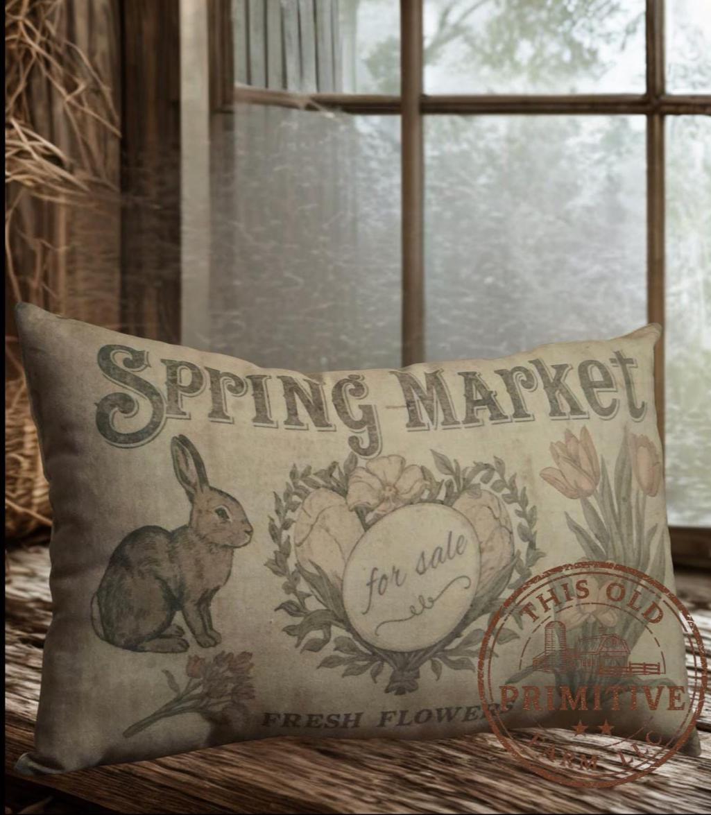 Primitive Easter Spring Market Pillow – Farmhouse Spring Decor – Vintage Bunny Accent 12x17