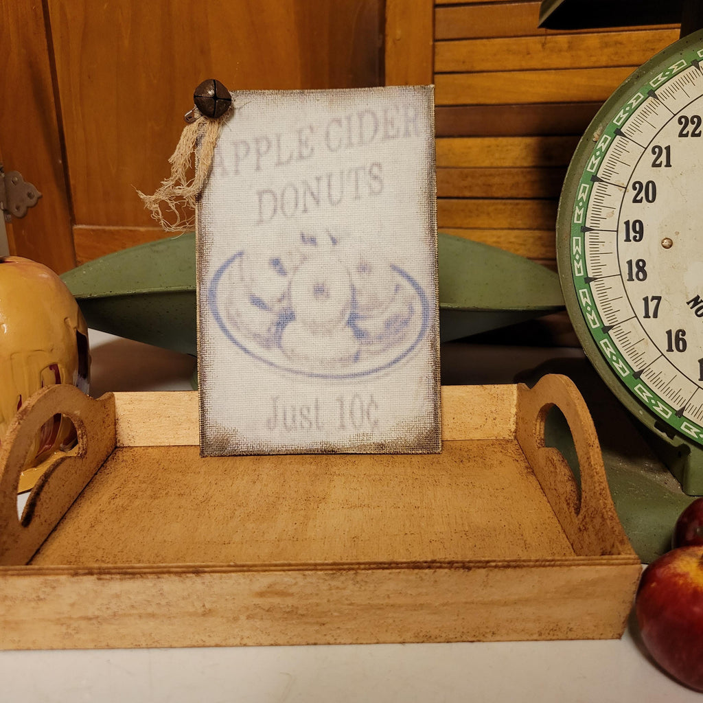 Faux Primitive Cinnamon Sugar Donuts Display | Rustic Wooden Tray, Aged Cider Mill Sign