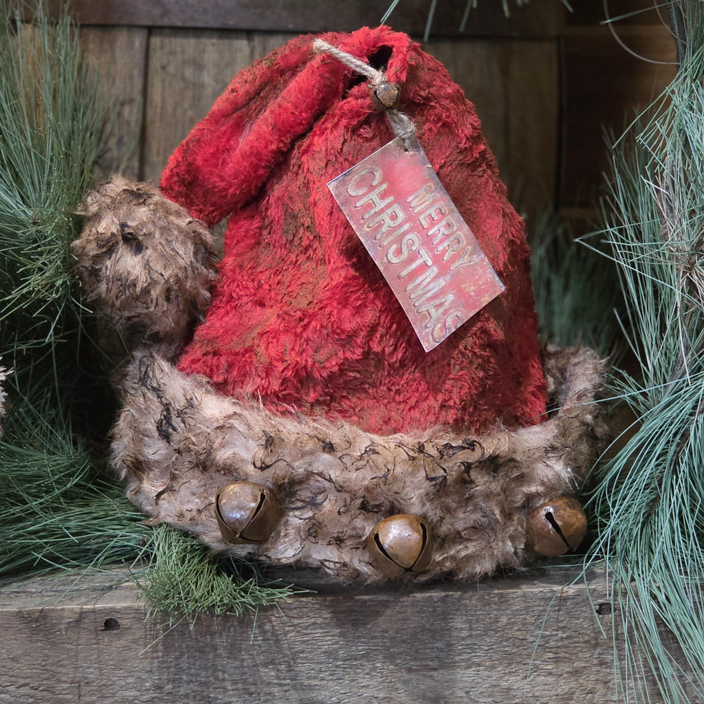 Premium Primitive Rustic Santa Hat Tree Topper | Handcrafted Farmhouse Christmas Décor | Limited Edition Holiday Santa Hat with Jingle Bells