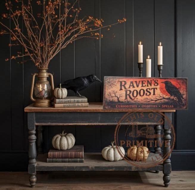 Primitive Ravens Roost Halloween Wood Sign | Rustic Folk Art Wall Decor (13 x 5)