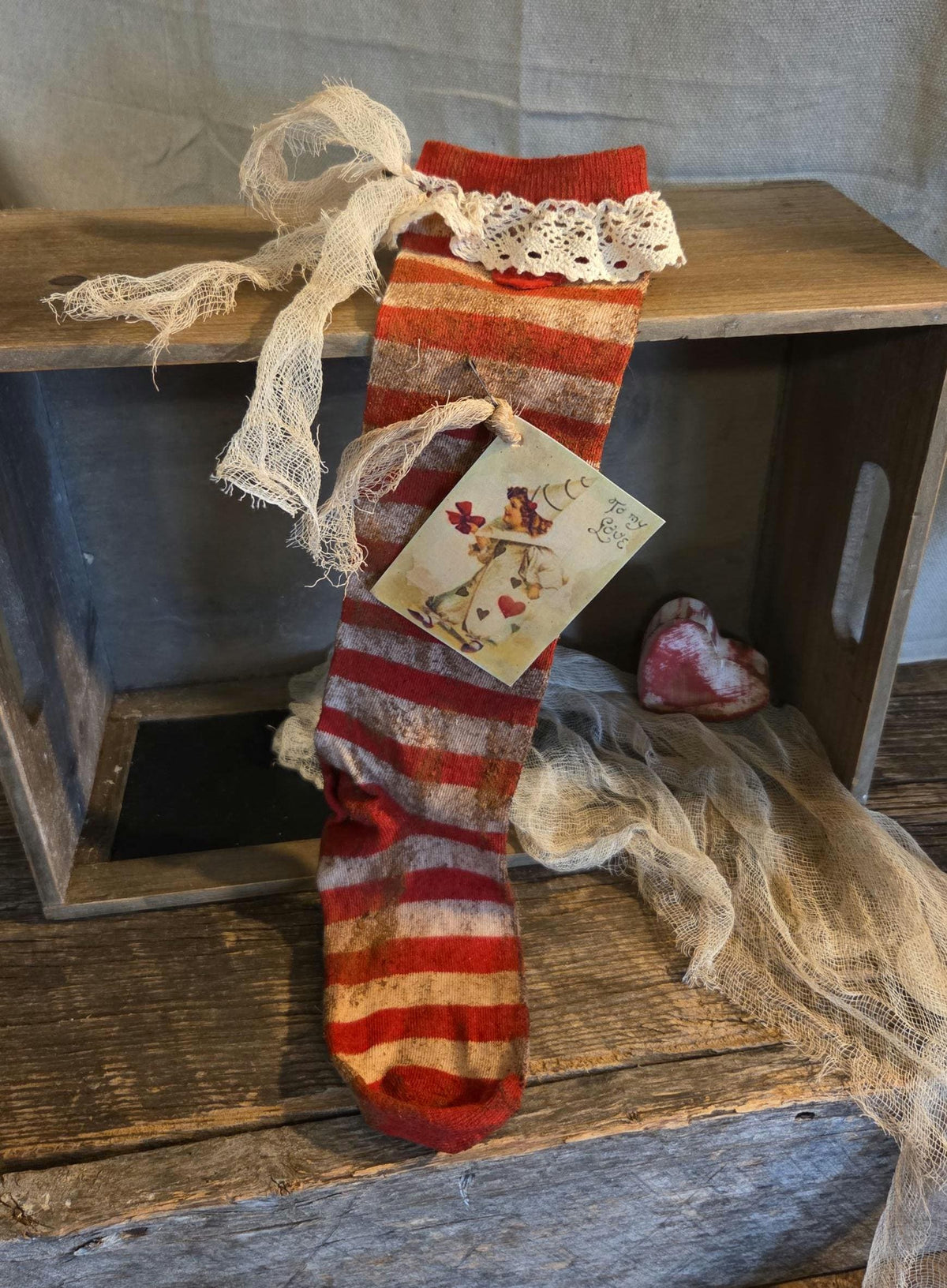 Primitive Valentine Stocking | Cinnamon Grunged Red Stripe Sock | One of a Kind Rustic Valentine Decor