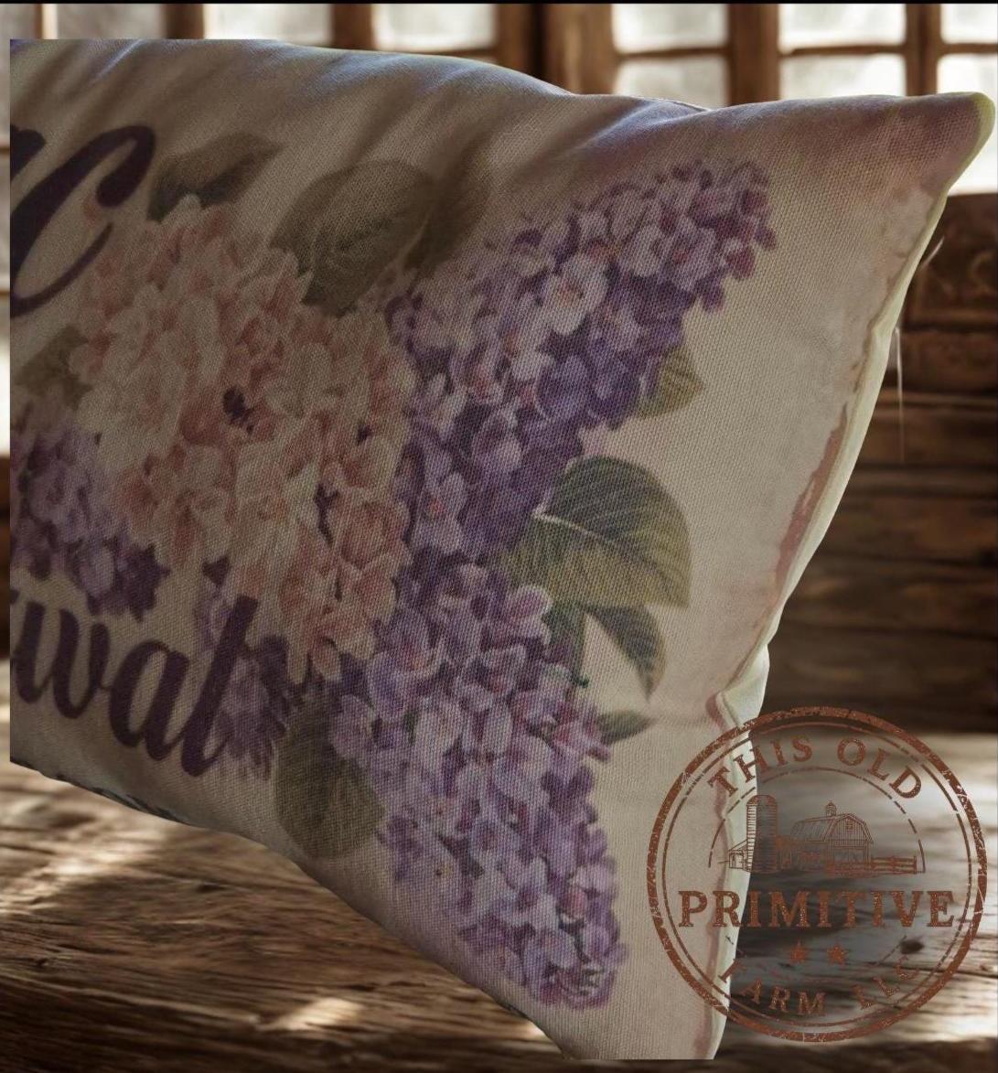 Lilac Festival Pillow | Primitive Feedsack Style Farmhouse Decor (12x17)