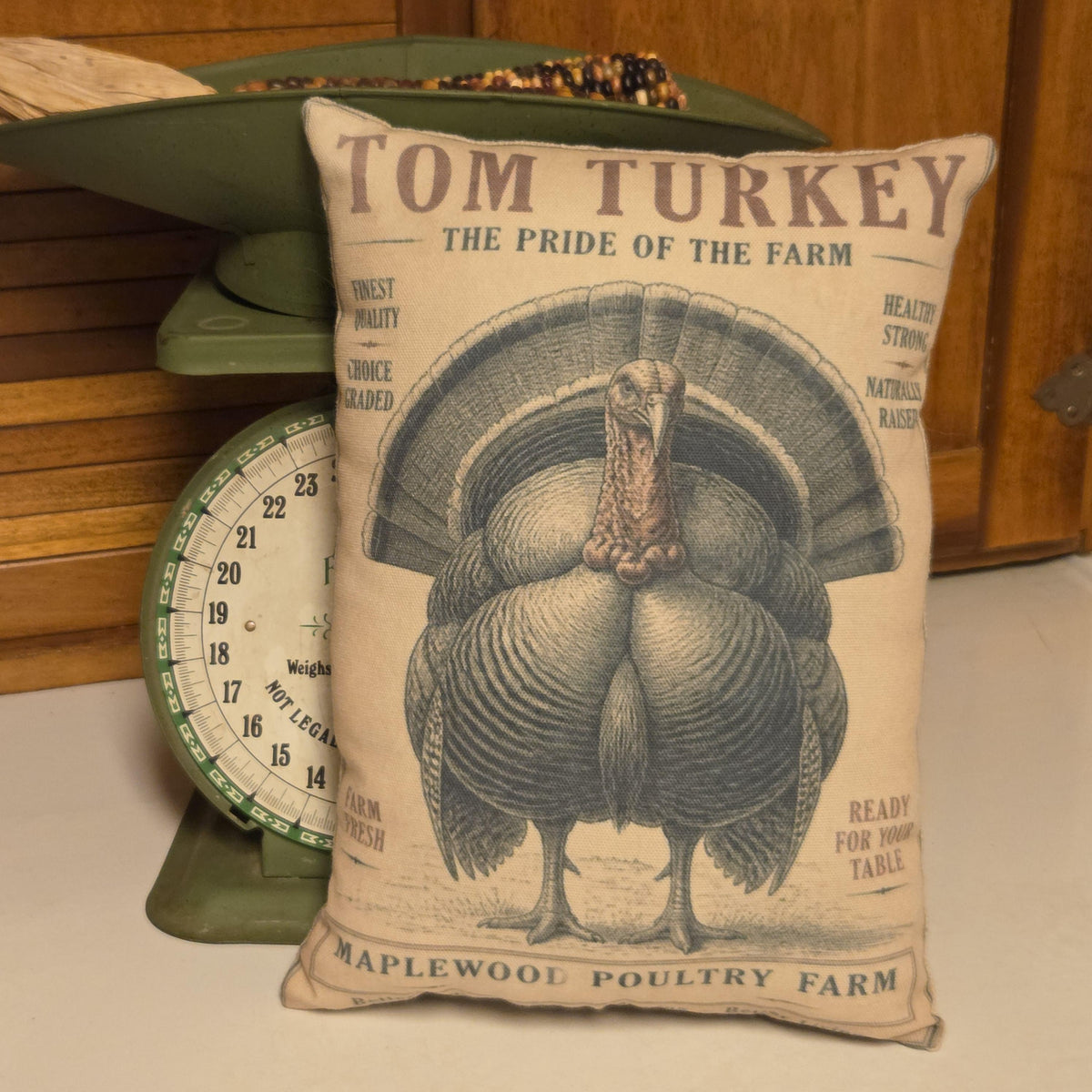 Tom Turkey Pillow, Thanksgiving Feedsack Shelf Sitter, Primitive Farmhouse Fall Decor