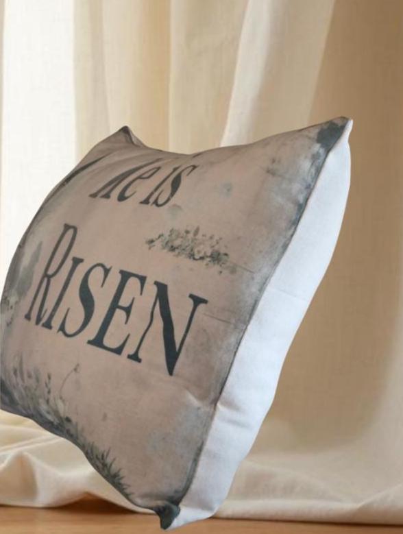 Primitive He Is Risen Throw Pillow – Rustic Easter Church Decor – Farmhouse Spring Accent – 12x17