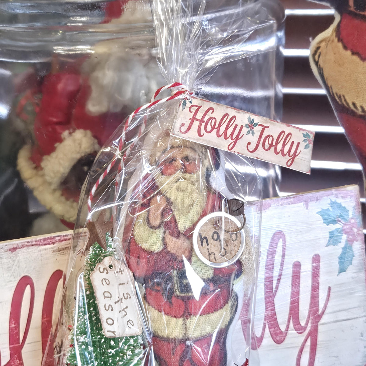 Primitive Santa Christmas Decor | Rustic Farmhouse Santa Gift | Bottle Brush Tree with Rusty Star on Wooden Spool | Nostalgic Holiday Shelf