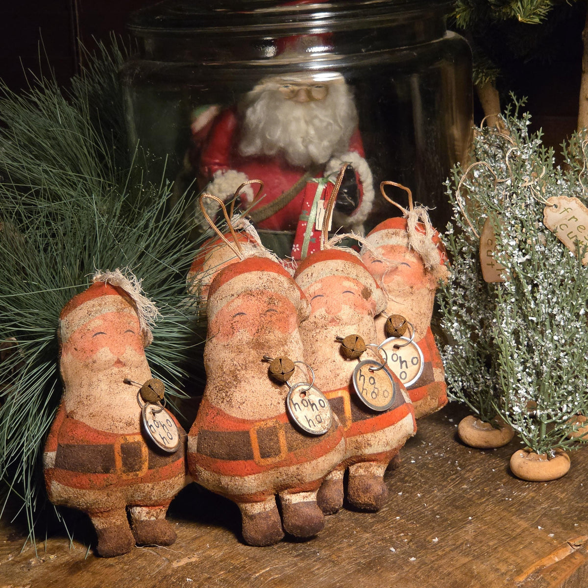 Primitive Cinnamon Grunged Santa Ornament, Sleigh Rides Hangtag and faux pine sprig